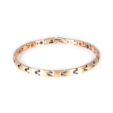 Russet copper negative ion bracelet with interlocking puzzle links, front clasped view.